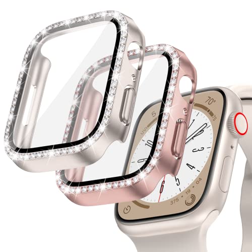 2-Pack Goton Bling Case for Apple Watch Series 9 8 7 Screen Protector 41mm, Women Glitter Diamond Rhinestone Bumper Face Cover for iWatch Accessories 41 mm Starlight+Rose Gold