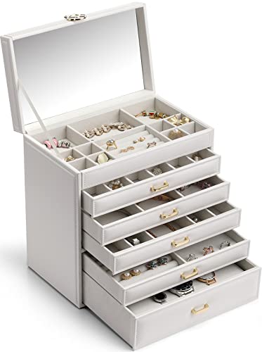 Vlando 6 Tier Large Jewelry Box for Women - Big Jewelry Organizer with Mirror, Jewelry Box Organizer for Drawer Necklace Ring Bracelet and Watch, Christmas Gift for Loved Ones - White