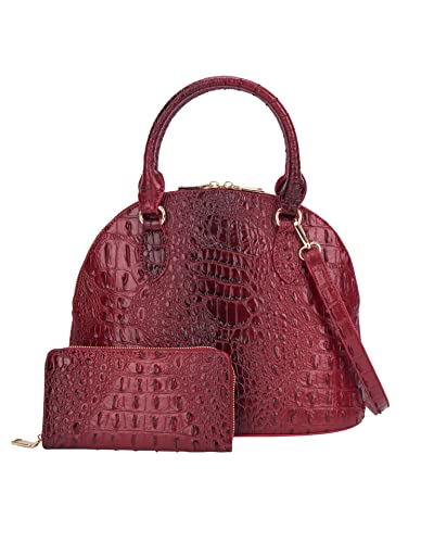 Dome Shape Satchel With Wallet Women’s Vegan Leather Crocodile-Embossed Pattern With Top Handle Tote Handbags Satchel Set (Red)