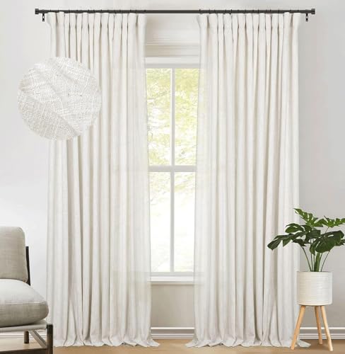 zeerobee Beige White Linen Curtains for Living Room/Bedroom Linen Curtains 96 Inches Long 2 Panels Linen Drapes Farmhouse Neutral Pinch Pleated Curtains Light Filtering Privacy Curtains, W50 x L96