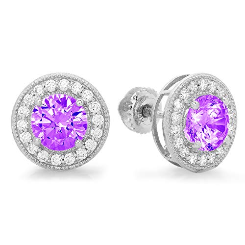 3.60 ct Round Cut VVS1 Ideal Gemstone Halo Solitaire Natural Purple Amethyst gemstone Designer Solitaire Stud Screw Back Earrings Solid 14k White Gold