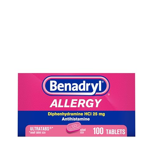 Benadryl Ultratabs Antihistamine Allergy Relief Medicine, Diphenhydramine HCl Tablets for Relief of Cold & Allergy Symptoms Such as Sneezing, Runny Nose, & Itchy Eyes & Throat, 100 ct