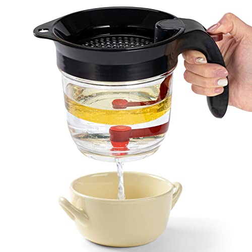 Fat Separator with Bottom Release, 4 Cup Oil Gravy Separator with Scale, 32oz Grease Separator with Measuring Cup and Filter