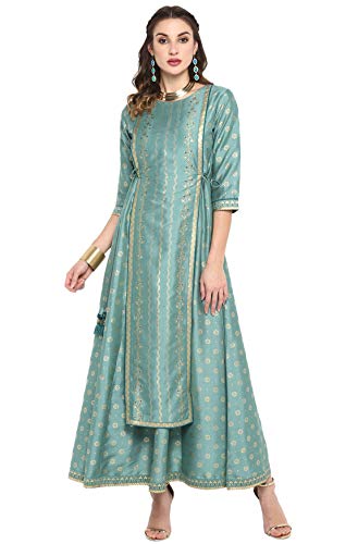 Janasya Indian Women's Light Green Poly Silk Ethnic Dress(J0005-DR-XL)