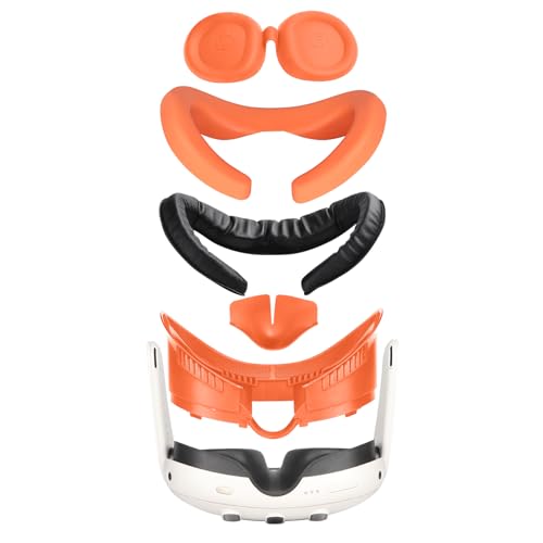 Facial Interface Bracket & Silicone Face Cover Pad for Meta Quest 3,Replacement PU Leather Cushion Cover with Anti-Leakage Nose Pad & Lens Protector Cover for Quest 3 Accessorie (Orange)