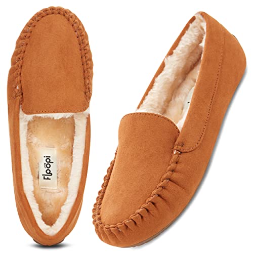 Floopi Women Slippers Moccasins, Soft Faux Fur Lining with Cozy Memory Foam, Ladies House Slippers for Women with Indoor & Outdoor Anti-Skid Sole (9 - Chestnut)