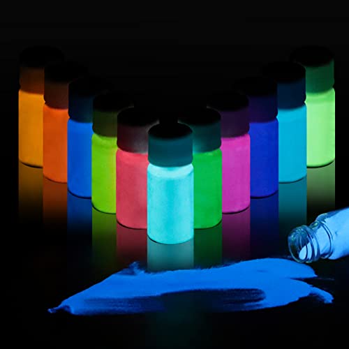 Glow in The Dark Powder 12 Colors Epoxy Resin Dye Luminous Pigment Powder Safe Long Lasting Fluorescent Color for Fine Art, Nail Art, Painting Colorant, Acrylic Paint, Slime, DIY Crafts,0.7oz Each