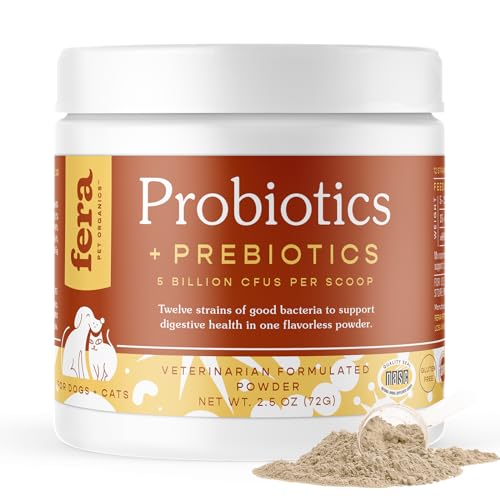 Fera Pets Organic Probiotics for Dogs & Cats - Vet Created - Cat & Dog Probiotic Supplement - 12 Strains & Prebiotics for Pet’s Digestion - 60 Scoops​