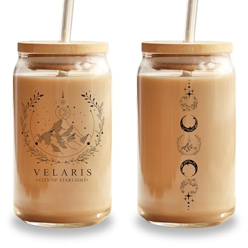 ACOTAR 16oz Glass Cup with Lid and Straw, Velaris City Of Starlight Iced Coffee Cup, To The Stars Glass Tumbler, Night Court Gift Merch Tumbler