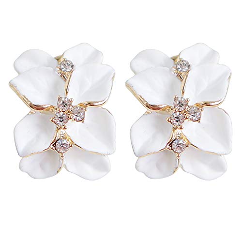 Navachi 18k Gold Plated Crystal White Enamel Leaves Flower Az1147o Omega Earrings