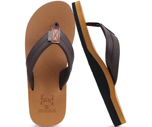KuaiLu Men's Yoga Mat Leather Flip Flops Thong Sandals with Arch Support
