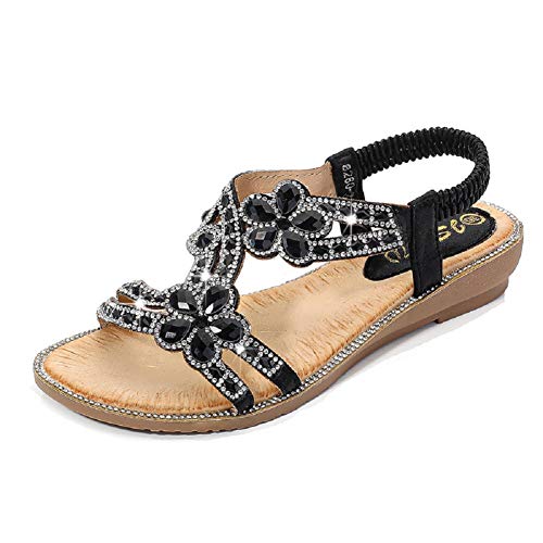 Yicornchen Women's T-Strap Beaded Flower Rhinestone Flat Sandals Dress Beach Shoes(9 B(M) US,Black)