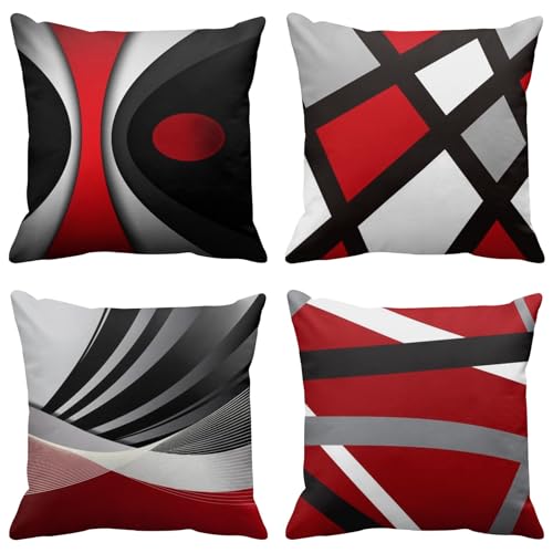 Emvency Set of 4 Throw Pillow Covers Modern Abstract Red Stripes Gray Black White Acrylic Bold Grey Decorative Pillow Cases Home Decor Square 20x20 Inches Pillowcases