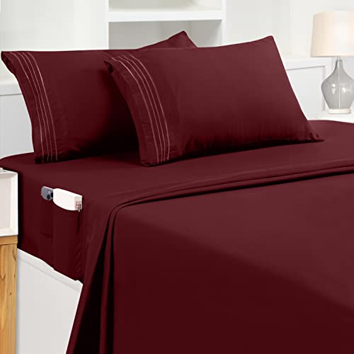 Utopia Bedding Queen Sheet Set – Soft Microfiber 4 Piece Hotel Luxury Bed Sheets with Deep Pockets - Embroidered Pillow Cases - Side Storage Pocket Fitted Sheet - Flat Sheet (Red Burgundy)
