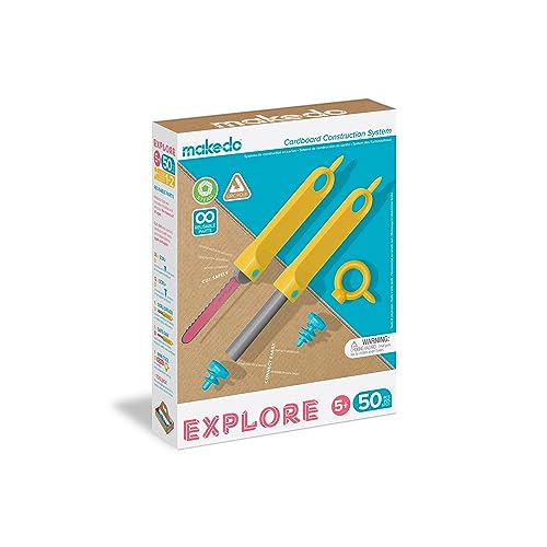 Makedo Explore | Upcycled Cardboard Construction Toolkit in Small Toolbox (50 Pieces) | STEM + STEAM Educational Toys for at Home Play + Classroom Learning | Reusable Tools for Boys and Girls Age 5+