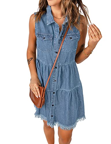 luvamia Women's Casual Summer Sleeveless Dress Babydoll Button Down Denim Dress Lagoon Blue Size Medium fits Size 8 - Size 10