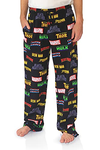 Marvel Classic Comic Logo Pajama Lounge Sleep Pants for Men Spiderman Hulk Iron Man Black Panther Captain America (Large)
