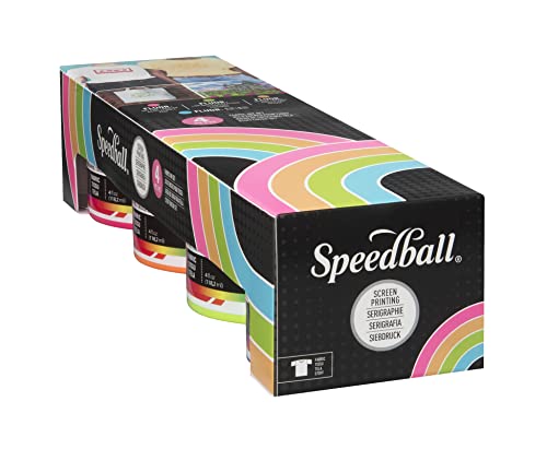 Speedball Fabric Screen Printing Ink Set, 4oz Fluorescent Colors: Hot Pink, Lime Green, Orange & Blue