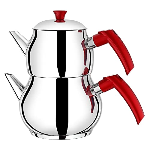 Hakan Stainless Steel Double Bondy Tea Pot Set with Self Strainer, Turkish Kettle Samovar Style Teapot Set, Tea Pot with Handle, Tea Kettle for Loose Leaf Tea with Bakelite Handle (MINI)