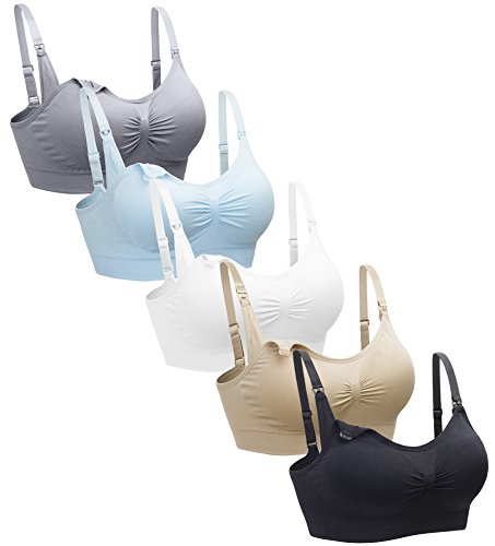 Suekaphin 5PACK Nursing Bra Wireless Bra Women's Sleeping Maternity Bra Breastfeeding Bra,Large,Black/Nude/Gray/White/Lightblue