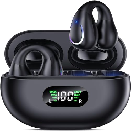 Open Ear Clip Wireless Earbuds Bluetooth 5.3, Sports Earphones Built-in Microphone with Earhooks & Ear Hook, Wireless Charging Case & Display, Waterproof Fitness Headphones for Running