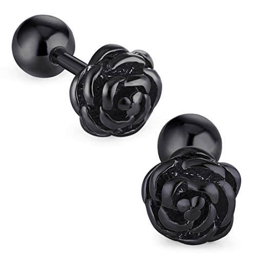 Cottvott Flowers Surgical Steel Earrings Studs for Womens Gold Black (18G(1mm) post,Black Color)