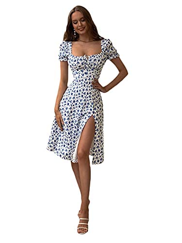 Floerns Women's Ditsy Floral Sweetheart Puff Sleeve A Line Midi Dress Blue and White L