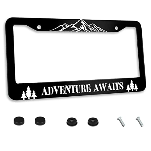 Adventure Awaits License Plate Frame Mountains License Plate Frame Funny Stainless Steel for Car License Plate Cover Accessory Decorative 2 Holes and Screws Fits US Standard License Plates 12.2 x 6.3