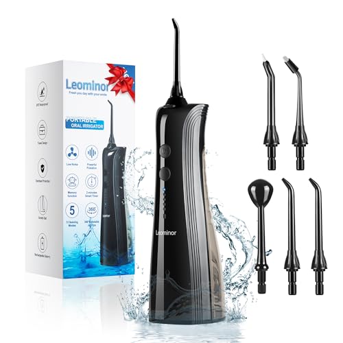 Leominor Water Dental Flosser Pick for Teeth - 5 Modes Cordless Portable Water Teeth Cleaner IPX7 Waterproof Oral Irrigator Rechargeable, Professional Flossing Cleaning Picks for Home Travel Black