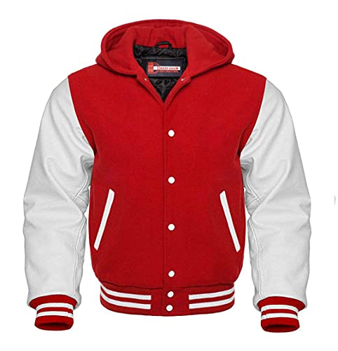Dress Club International Men's Varsity Letterman Baseball Wool Leather Jacket in Wool body and Genuine Leather Sleeves in Customized Sizes and Colors (Red Hoodie, X-Large)