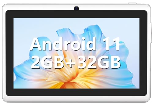 Android Tablet 7 Inch, Android 11 Tablet, 2+4GB RAM 32GB ROM, Quad-Core Processor, Dual Camera, WiFi, 3.5mm Earphone Jack, FM Bluetooth, 128GB Expand, GMS Certified Tablet - White