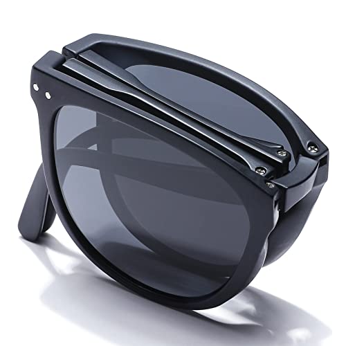 Pro Acme Polarized Folding Sunglasses for Women Men Black Square Foldable Sunglasses for Travel, Driving, Easy Carry (Black | Grey)