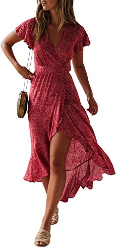 ZESICA Women's 2024 Bohemian Floral Printed Wrap V Neck Short Sleeve Split Beach Party Maxi Dress,Urban Redfloral,Small