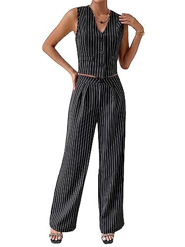 Floerns Women's 2 Piece Outfit Striped Print Vest Blazer and Wide Leg Pants Set Black M