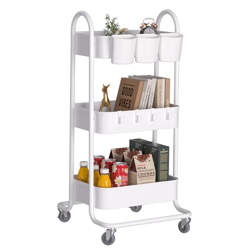 Newlemo 3-Tier Metal Rolling Cart,Utility Storage Carts with Wheels,Art Cart,Craft Cart,Small Roller Cart Organizer for Office Living Room Kitchen Bathroom Laundry (White)