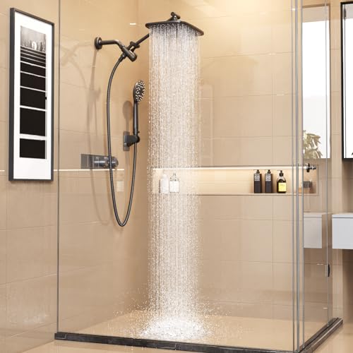Veken 12 Inch High Pressure Rain Shower Head Combo with Extension Arm- Wide Rainfall Showerhead with 6 Handheld Water Spray - Adjustable Dual Showerhead with Anti-Clog Nozzles - Matte Black