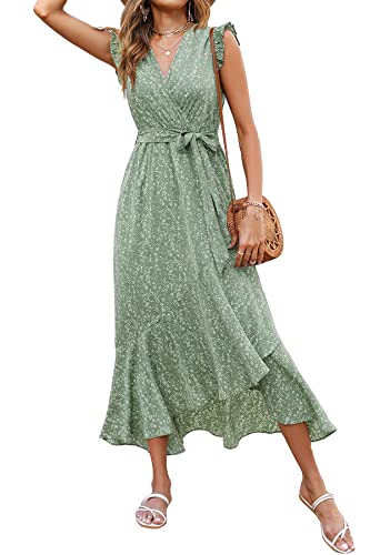 BTFBM Women Summer Dresses 2024 Ruffle Cap Sleeve V Neck Belt Wrap Split Boho Floral Long Casual Party Beach Maxi Dress(Floral Green, Large)