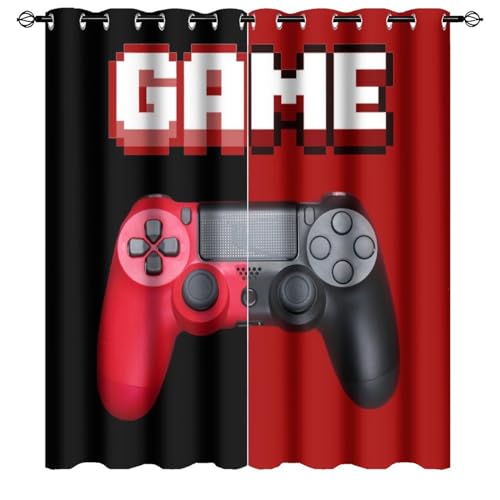 Brebasf Red Black Gamepad Perforated Window Treatments,Modern Teens Video Game Gamepad Game Controller Curtain Suitable for Bedroom,Living Room,Kitchen-2 Panels 72' L x 31.5' W