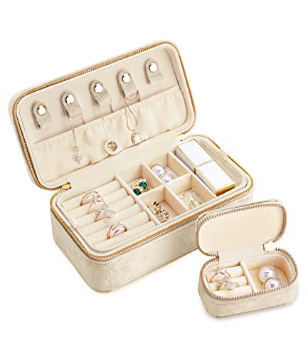 TAIMY Jewelry Box Set for Women, Plush Velvet Travel Jewelry Organizer, Portable Travel Jewelry Case Ring Earrings Necklace Bracelet Storage Holder Display(Beige)
