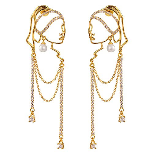 Unique abstract face Art earrings dangle statement long earrings for women girl rhinestone tassel handwork earrings jewelry fashion chandelier earrings (gold)