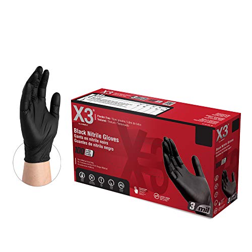 X3 Nitrile Disposable Gloves, 3 Mil, Latex and Powder-Free, Textured, Food Safe, Ideal for Industrial and Home Use, Black, X-Large, Box of 100