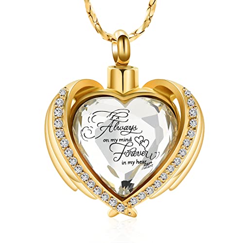 Imrsanl Cremation Jewelry for Ashes Pendant - Crystal Heart Urn Necklace with Mini Keepsake Urn Memorial Ash Jewelry (Gold-White Stone)