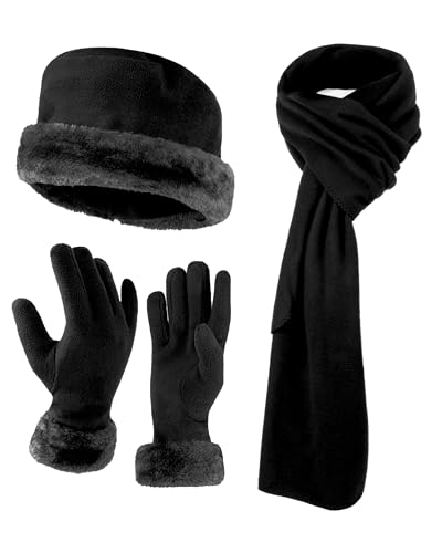 boxed-gifts 3 Pieces Set Matching Hat, Gloves and Scarf for Woman. Solid Colors - Black