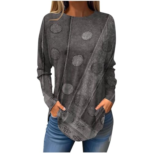 Black of Friday Women's Long Sleeve Shirts 2023 Crewneck Loose Fit Casual Pullover Tunic Tops Fashion Printed Trendy Dressy Blouses Tops for Women Trendy Gray XL