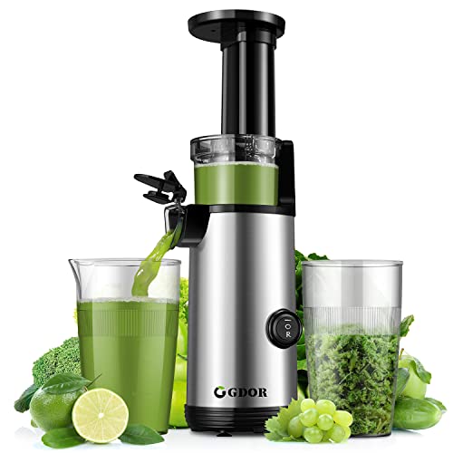 Compact GDOR Masticating Juicer with Powerful 60NM DC Motor, Low Noise, Space-Saving Cold Press Juice Exrtractor Machines, Easy to Clean Slow Juicer, Brush Included, 20 Oz Juice Cup, BPA-Free, Silver
