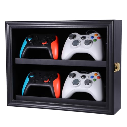 COMSREV Game Controller Display Case Wood Wall Mount Game Controller Stand with Acrylic Transparent Door Light Up Controller Holder for 4 Controllers with 98% UV Protection-Lock Black Finish
