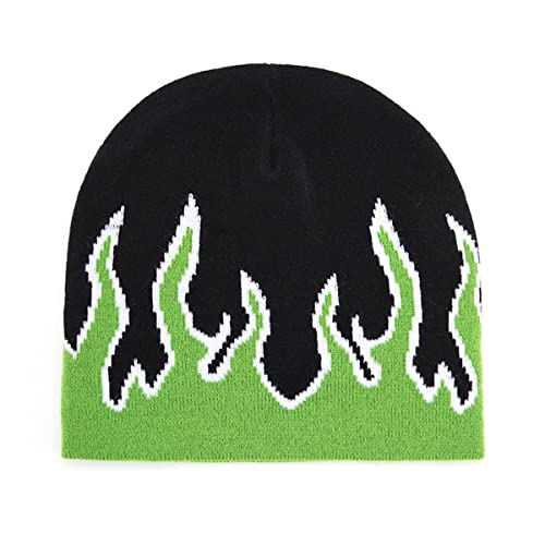 Fire Flame Beanie (Pack of 1pcs) Baggy Slouchy Knit Rock Punk Ski Hat Skull Cap (Green)
