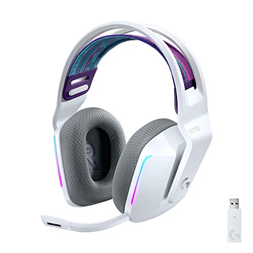 Logitech G733 LIGHTSPEED Wireless Gaming Headset with suspension headband, LIGHTSYNC RGB, Blue VO!CE mic technology and PRO-G audio drivers - White