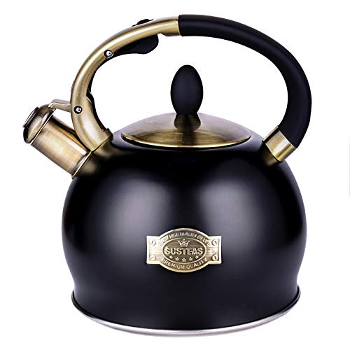 SUSTEAS Stove Top Whistling Tea Kettle - Food Grade Stainless Steel Teakettle Teapot with Cool Touch Ergonomic Handle,1 Free Silicone Pinch Mitt Included,2.64 Quart(BLACK)