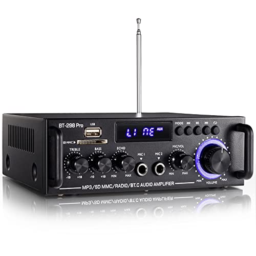Facmogu BT-298 Pro 2 Channel Stereo Audio Amplifier Receiver, Max 400Wx2 Wireless Bluetooth 5.0 Power Amplifier, Bass Treble Sound Speaker AMP for Home Speakers, w/RCA, USB, SD, MIC in, FM Radio